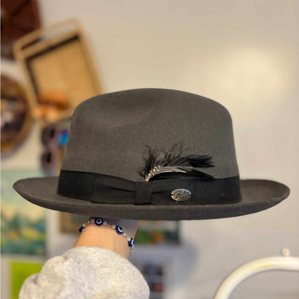 Gray Fedora Hat with Feather Accent